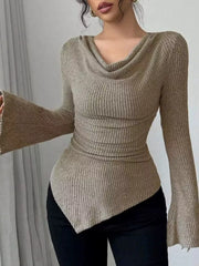 Off-Shoulder Bell Sleeve Ribbed Blouse