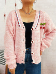 Cherry Button-Front Long Sleeve Cardigan