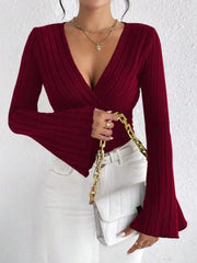 Flare Sleeve Ribbed Knit Top
