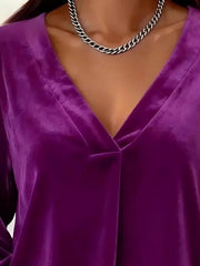 Full Size Velvet V-Neck Balloon Sleeve Blouse Plus Size