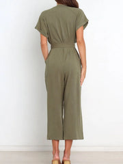 Notched Short Sleeve Tie Waist Jumpsuit