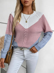 Color Block Round Neck Long Sleeve Knit Sweater
