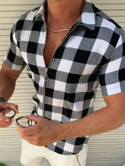 Men's Plus Size Plaid Zip Up Short Sleeve Shirt