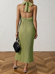 Pleated Halter Neck Midi Dress
