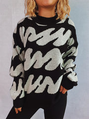 Contrast Trim Round Neck Long Sleeve Knit Sweater