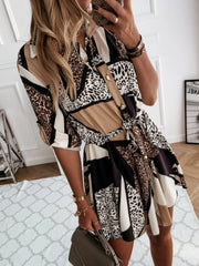 Printed Tie Waist Roll-Tab Sleeve Mini Dress