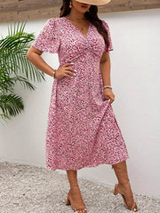 Plus Size Printed V-Neck Short Sleeve Midi Dress