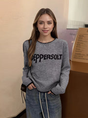 Letter Contrast Trim Round Neck Sweater