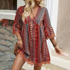 Women's Boho Print Mini Dress V-Neck 3 4 Sleeve Flowy Casual Summer Beach Sundress-FREE USA SHIPPING