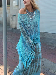 Tassel Boat Neck Knit Shawl