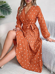 Front Tie Polka Dot Midi Pleated Dress