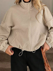 Textured Zip-Up Drawstring Hem Jacket