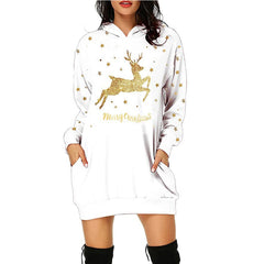 Christmas printed mid length pocket hooded long sleeved sweater