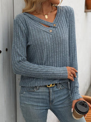 Ribbed Knit Long Sleeve Button Detail T-Shirt