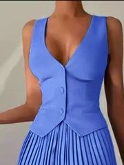 Button Up Vest and Pleated Mini Skirt Set