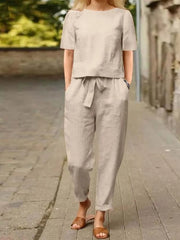 Full Size Round Neck Short Sleeve Top and Pants Set Plus Size