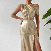 Honey Slit One Shoulder Short Sleeve Midi Dress