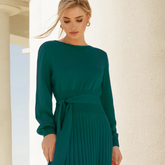 Round Neck Long Sleeve Pleated Sweater Dress