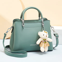 Large Capacity Soft Leather Bear Pendant Women's Shoulder Handbag