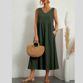 Full Size Pocketed V-Neck Sleeveless Midi Dress Plus Size