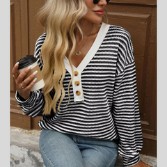 Striped Button Detail Long Sleeve T-Shirt