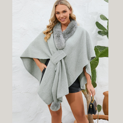 Fuzzy Trim Open Front Poncho