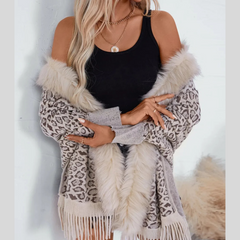 Fringe Leopard Open Front Long Sleeve Poncho