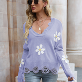 Flower Distressed Long Sleeve Sweater