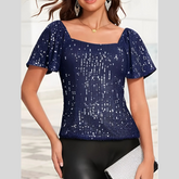 Square Neck Sequin Short Sleeve Blouse