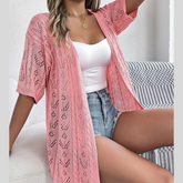 Lightweight Openwork Knit Cardigan �Breezy Half Sleeve Layering Piece