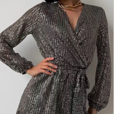 Full Size Sequin Surplice Tie Waist Long Sleeve Romper