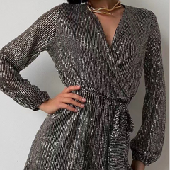 Full Size Sequin Surplice Tie Waist Long Sleeve Romper