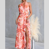 Floral Print Ruffle Halter Neck Maxi Dress