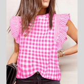 Checkered Ruffled Sleeve Frilled Neck Blouse