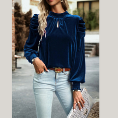 Tie Up Mock Neck Velvet Fabric Long Sleeve Blouse