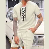 Men's Full Size Lace-Up Waffle Knit Top and Shorts Set Plus Size