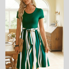 Striped Short Sleeve Tie Waist Dress