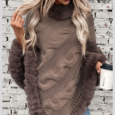 Fuzzy Hem Cable-Knit Poncho