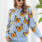 Butterfly Pattern Round Neck Dropped Shoulder Sweater