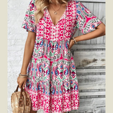 Printed Tie Neck Short Sleeve Dress