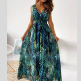 Leaf Print Sleeveless Maxi Dress