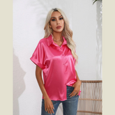 Button Down Collared Neck Short Sleeve Satin Shirt