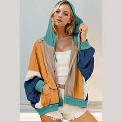Double Take Full Size Color Block Zip Up Hoodie