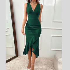 Ruffle Hem V-Neck Bodycon Dress