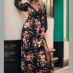 Perfee Slit Printed Surplice Long Sleeve Maxi Dress