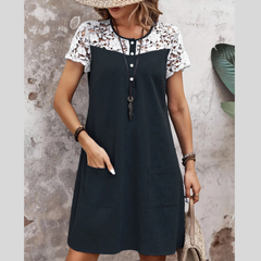 Lace Button Detail Round Neck Mini Dress