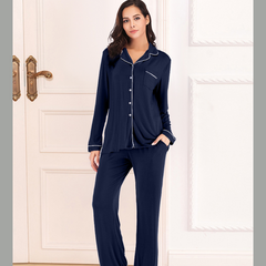 Collared Neck Long Sleeve Loungewear Set with Pockets