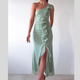 One-Shoulder Ruffle Slit Dress