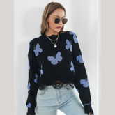 Printed Round Neck Ribbed Long Sleeve Sweater