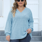Plus Size Ribbed V-Neck Long Sleeve Top